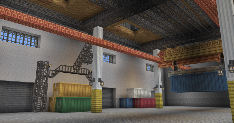 Inside a factory hall built with the Create Deco mod
