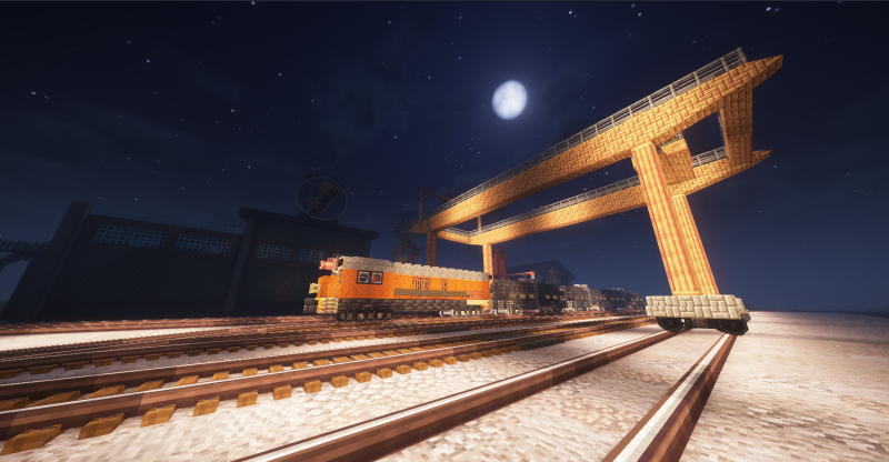 A Create mod train rolling through the night under a gantry crane