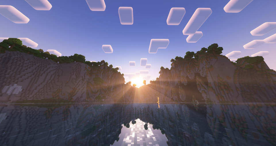 Vanilla Minecraft sunrise over water between two cliffs